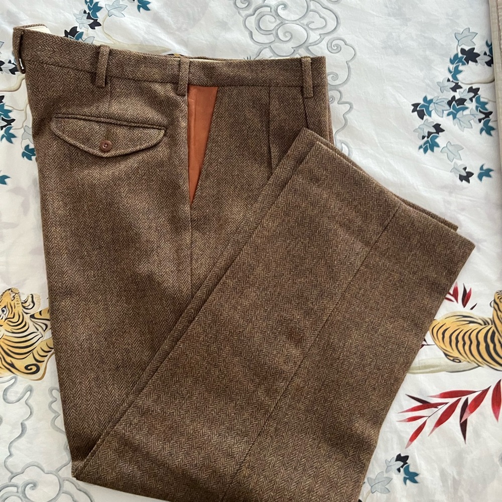 ORVIS herringbone fleck wool Tweed TROUSERS leather men Hunting Pant 46 donegal